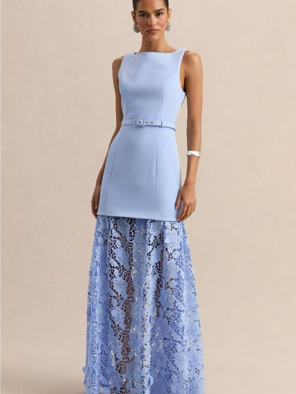 CLUB LONDON 🇬🇧VERENA Powder Blue Boat-Neck Belted Maxi Dress With Lace Skirt